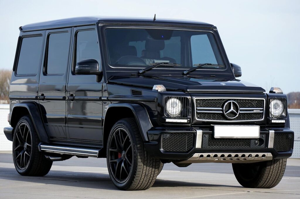 Sleek black Mercedes Unbanned G+ SUV parked outdoors, showcasing luxury design and power.